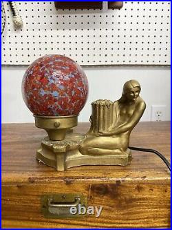 Vintage Art Deco Figural Nude Lady Lamp Red & Blue Moon Globe All Original