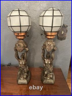 Vintage Art Deco Figural Woman Lamp End Of Day Shade Rare Find