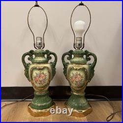 Vintage Art Deco French Style Porcelain Lamps Hand Painted Green & Gold Floral