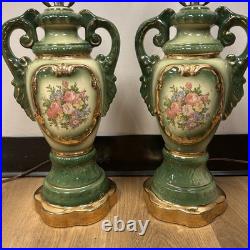 Vintage Art Deco French Style Porcelain Lamps Hand Painted Green & Gold Floral