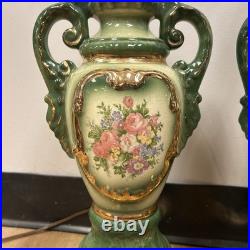 Vintage Art Deco French Style Porcelain Lamps Hand Painted Green & Gold Floral