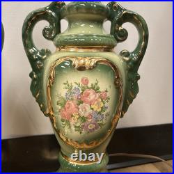 Vintage Art Deco French Style Porcelain Lamps Hand Painted Green & Gold Floral