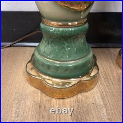 Vintage Art Deco French Style Porcelain Lamps Hand Painted Green & Gold Floral