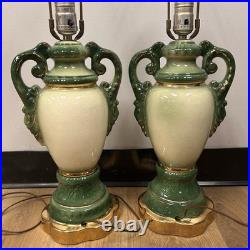 Vintage Art Deco French Style Porcelain Lamps Hand Painted Green & Gold Floral