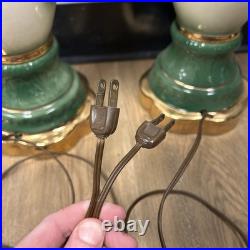 Vintage Art Deco French Style Porcelain Lamps Hand Painted Green & Gold Floral