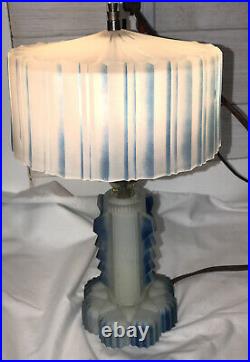 Vintage Art Deco Frosted Blue Frosted Boudoir Lamp Ready To Use