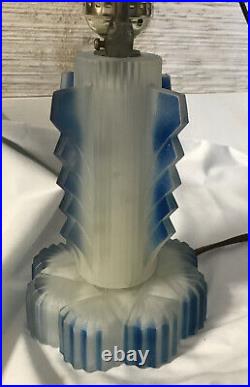 Vintage Art Deco Frosted Blue Frosted Boudoir Lamp Ready To Use