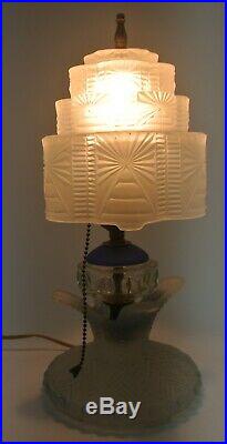 Vintage Art Deco Frosted Glass Boudoir Lamp & Shade, Blue Highlights