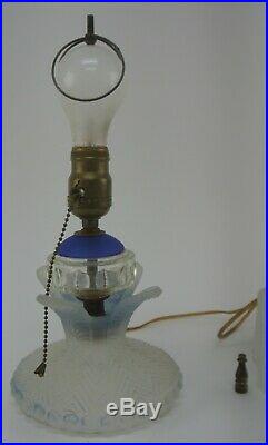 Vintage Art Deco Frosted Glass Boudoir Lamp & Shade, Blue Highlights