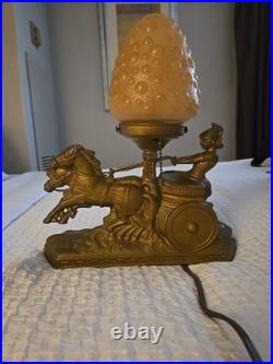 Vintage Art Deco Gladiator in Chariot Lamp with Amber Brain Glass Shade Antique