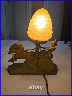 Vintage Art Deco Gladiator in Chariot Lamp with Amber Brain Glass Shade Antique