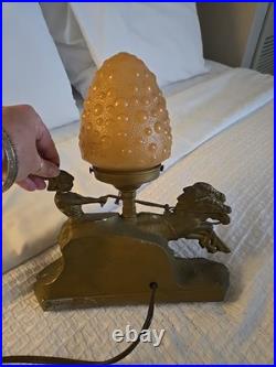 Vintage Art Deco Gladiator in Chariot Lamp with Amber Brain Glass Shade Antique