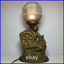 Vintage Art Deco Glass Dome & Metal, Woman at Spinning Wheel Table Lamp, WORKS