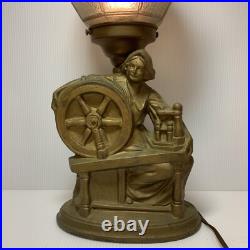 Vintage Art Deco Glass Dome & Metal, Woman at Spinning Wheel Table Lamp, WORKS