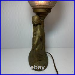 Vintage Art Deco Glass Dome & Metal, Woman at Spinning Wheel Table Lamp, WORKS