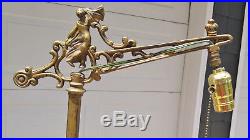 Vintage Art Deco Gold Cast Iron Figural Lady Bridge Arm Floor Lamp, Green Glass