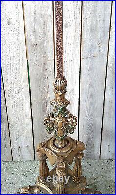 Vintage Art Deco Gold Polychrome Cast Iron Floral Claw Foot 2 Socket Floor Lamp