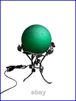 Vintage Art Deco Green Glass Globe Frosted Ball Accent Lamp Metal Stand Ivy Leaf