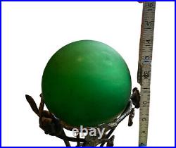 Vintage Art Deco Green Glass Globe Frosted Ball Accent Lamp Metal Stand Ivy Leaf