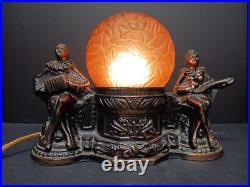 Vintage Art Deco Harlequin & Jester Musicians Amber Globe TV Lamp 1930s