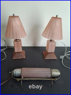 Vintage Art Deco Headboard Lamp With 2 Table Lamps. Pink Depression Glass