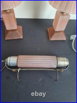 Vintage Art Deco Headboard Lamp With 2 Table Lamps. Pink Depression Glass