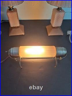 Vintage Art Deco Headboard Lamp With 2 Table Lamps. Pink Depression Glass