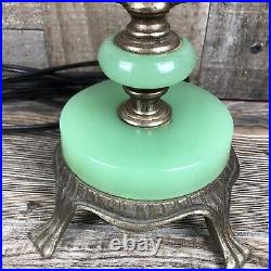 Vintage Art Deco Jadeite Brass Ornate Detailed Table Lamp