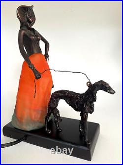 Vintage Art Deco Lady & Borzoi Dog Frosted Glass Shade Erte Santini Style Lamp