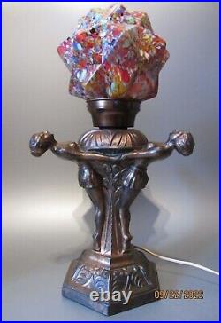 Vintage Art Deco Lady Girl Figural Lamp Czech Glass End Of Day Shade Starburst