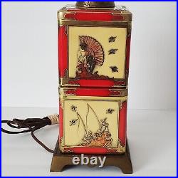 Vintage Art Deco Lamp Chinoiserie Enameled Tea Tin 1940s Asian Fishing Scene