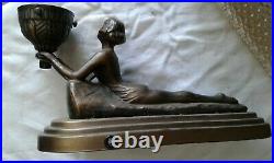 Vintage Art Deco Lamp Lady Nymph Laying Down Lamp Body Bronze with shade