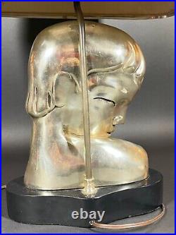 Vintage Art Deco Lamp Silver Sculptural Bust Young Man Wood Base w Mylar Shade