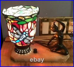 Vintage Art Deco Lamp Stained Glass, Nude Lady, Marble Base Works