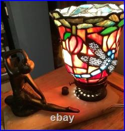 Vintage Art Deco Lamp Stained Glass, Nude Lady, Marble Base Works