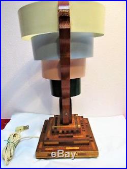 Vintage Art Deco Lamp Tiered Shade Segmented Wood Metal Bands Pull Chain 13.5 H
