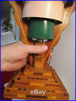Vintage Art Deco Lamp Tiered Shade Segmented Wood Metal Bands Pull Chain 13.5 H