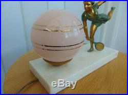 Vintage Art Deco Marble Based Globe Lamp Spelter Figurine Female Tennis Player