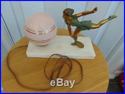 Vintage Art Deco Marble Based Globe Lamp Spelter Figurine Female Tennis Player