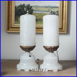 Vintage Art Deco Milk Glass Torpedo Lamps 1930 Pair American Skyscraper Lamps