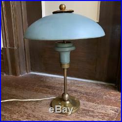 Vintage Art Deco Moderne Mid-Century brass & blue metal table lamp 1940s
