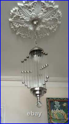 Vintage Art Deco Nickel Brass & Glass Rod Ceiling Hanging Chandelier Light Lamp