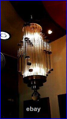 Vintage Art Deco Nickel Brass & Glass Rod Ceiling Hanging Chandelier Light Lamp