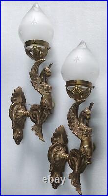 Vintage Art Deco Nouveau Brass Mermaid Wall Sconces Fixture Light Lamp