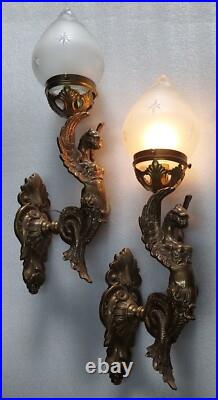 Vintage Art Deco Nouveau Brass Mermaid Wall Sconces Fixture Light Lamp