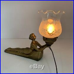 Vintage Art Deco Nouveau Chandler Laying Lady Lamp Figural Light Gold Bronzed