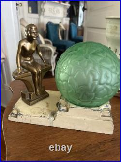 Vintage Art Deco Nuart Nude Woman Lamp 8x9Green Crackle Brain Globe Original
