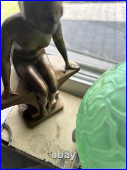 Vintage Art Deco Nuart Nude Woman Lamp 8x9Green Crackle Brain Globe Original