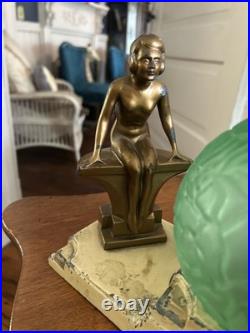 Vintage Art Deco Nuart Nude Woman Lamp 8x9Green Crackle Brain Globe Original