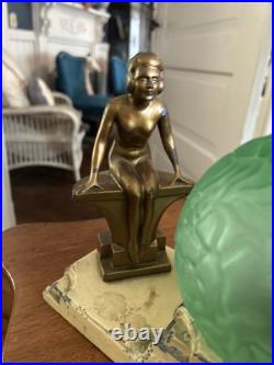 Vintage Art Deco Nuart Nude Woman Lamp 8x9Green Crackle Brain Globe Original